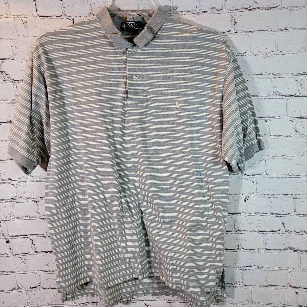 Polo Ralph Lauren Polo Shirt Mens XL Grey Striped Excellent Short Sleeve Cotton